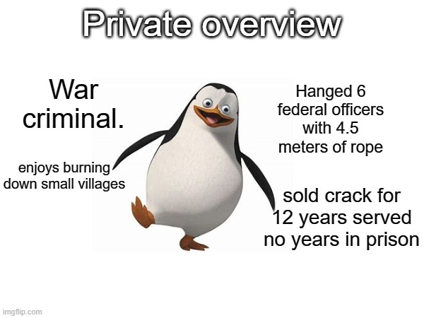 Shitposting | Private overview; War criminal. Hanged 6 federal officers with 4.5 meters of rope; enjoys burning down small villages; sold crack for 12 years served no years in prison | image tagged in shitpost,ahhhhhhhhhhhhh | made w/ Imgflip meme maker