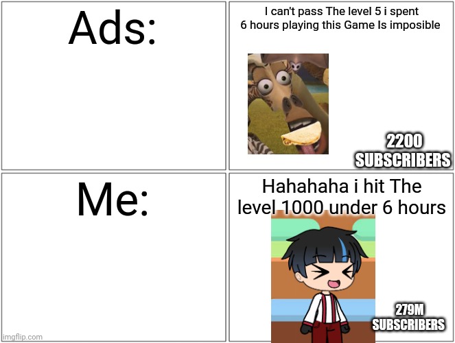 Blank Comic Panel 2x2 Meme | Ads: I can't pass The level 5 i spent 6 hours playing this Game Is imposible Me: Hahahaha i hit The level 1000 under 6 hours 279M SUBSCRIBER | image tagged in memes,blank comic panel 2x2 | made w/ Imgflip meme maker