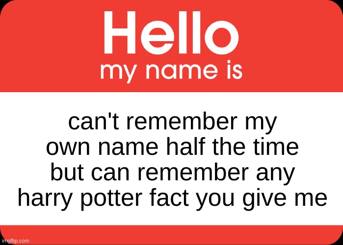 please tell me this isn't just me lmao | can't remember my own name half the time but can remember any harry potter fact you give me | image tagged in hello my name is | made w/ Imgflip meme maker