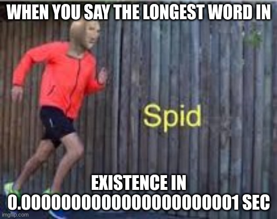 spid | WHEN YOU SAY THE LONGEST WORD IN; EXISTENCE IN 0.0000000000000000000001 SEC | image tagged in spid | made w/ Imgflip meme maker