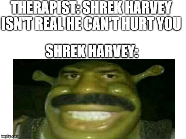 He's Real | THERAPIST: SHREK HARVEY ISN'T REAL HE CAN'T HURT YOU; SHREK HARVEY: | image tagged in funny meme,shrek | made w/ Imgflip meme maker