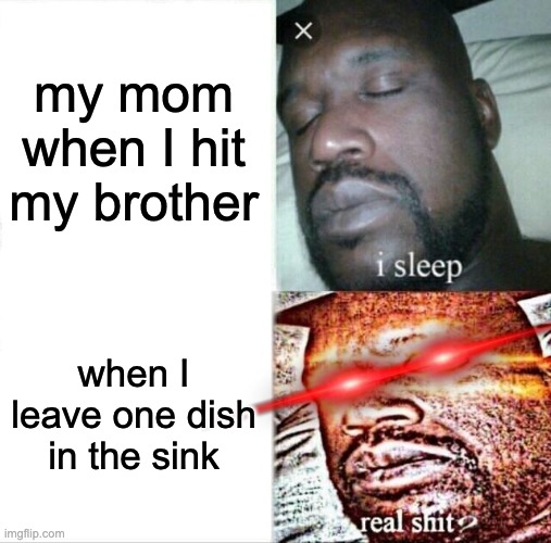 REAL SH¡T | my mom when I hit my brother; when I leave one dish in the sink | image tagged in memes,sleeping shaq | made w/ Imgflip meme maker