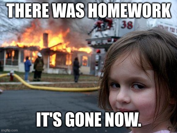 Disaster Girl | THERE WAS HOMEWORK; IT'S GONE NOW. | image tagged in memes,disaster girl | made w/ Imgflip meme maker