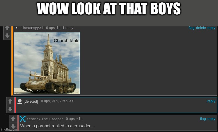 i have no words | WOW LOOK AT THAT BOYS | image tagged in crusader | made w/ Imgflip meme maker