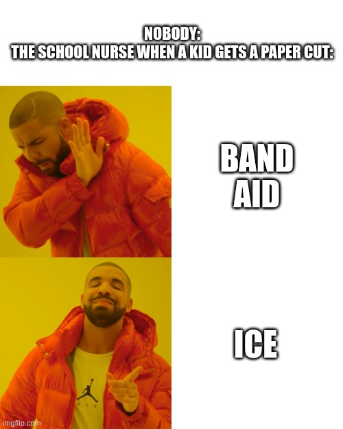 Drake Hotline Bling | NOBODY:
THE SCHOOL NURSE WHEN A KID GETS A PAPER CUT:; BAND AID; ICE | image tagged in memes,drake hotline bling | made w/ Imgflip meme maker