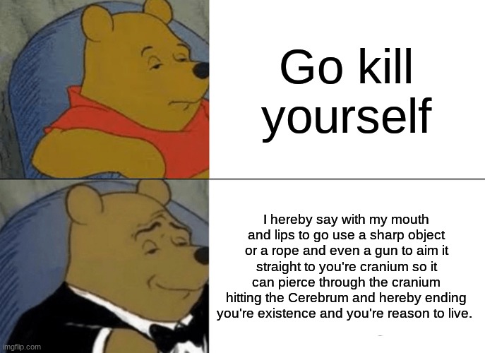 Tuxedo Winnie The Pooh | Go kill yourself; I hereby say with my mouth and lips to go use a sharp object or a rope and even a gun to aim it straight to you're cranium so it can pierce through the cranium hitting the Cerebrum and hereby ending you're existence and you're reason to live. | image tagged in memes,tuxedo winnie the pooh | made w/ Imgflip meme maker