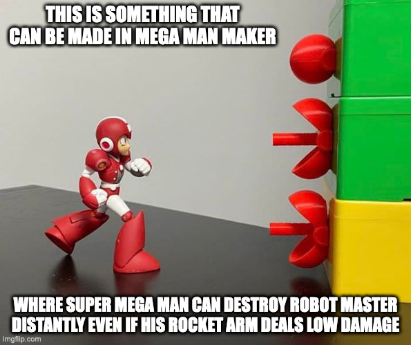 Super Mega Man With Wall Robots | THIS IS SOMETHING THAT CAN BE MADE IN MEGA MAN MAKER; WHERE SUPER MEGA MAN CAN DESTROY ROBOT MASTER DISTANTLY EVEN IF HIS ROCKET ARM DEALS LOW DAMAGE | image tagged in megaman,memes | made w/ Imgflip meme maker