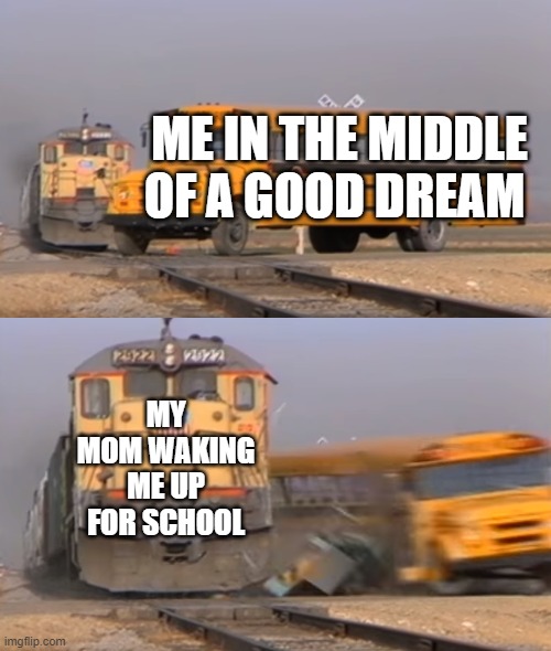 A train hitting a school bus | ME IN THE MIDDLE OF A GOOD DREAM; MY MOM WAKING ME UP FOR SCHOOL | image tagged in a train hitting a school bus | made w/ Imgflip meme maker