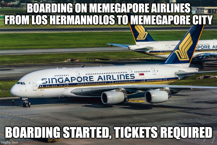 Singapore Airlines plane | BOARDING ON MEMEGAPORE AIRLINES FROM LOS HERMANNOLOS TO MEMEGAPORE CITY; BOARDING STARTED, TICKETS REQUIRED | image tagged in singapore airlines plane | made w/ Imgflip meme maker