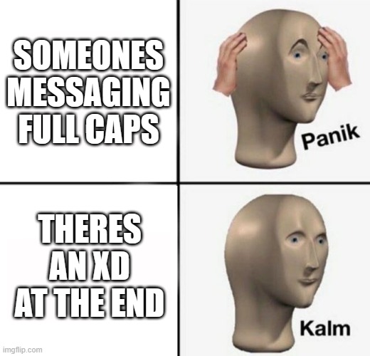 It's all good with an XD | SOMEONES MESSAGING FULL CAPS; THERES AN XD AT THE END | image tagged in panik kalm | made w/ Imgflip meme maker