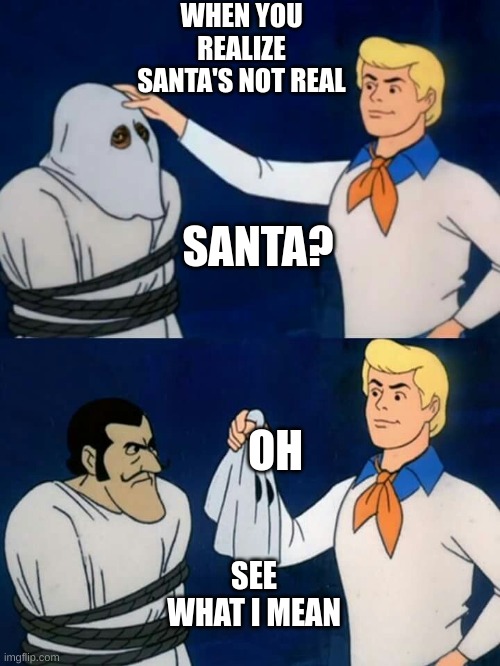 Scooby doo mask reveal | WHEN YOU REALIZE SANTA'S NOT REAL; SANTA? OH; SEE WHAT I MEAN | image tagged in scooby doo mask reveal | made w/ Imgflip meme maker