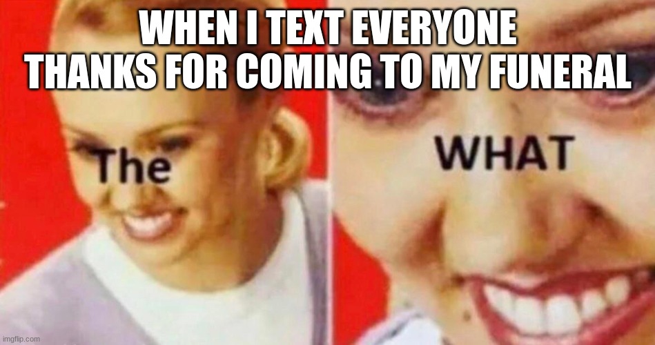 Hehe | WHEN I TEXT EVERYONE THANKS FOR COMING TO MY FUNERAL | image tagged in the what | made w/ Imgflip meme maker