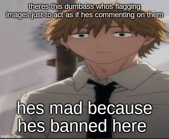 Denji stare | theres this dumbass whos flagging images just to act as if hes commenting on them; hes mad because hes banned here | image tagged in denji stare | made w/ Imgflip meme maker