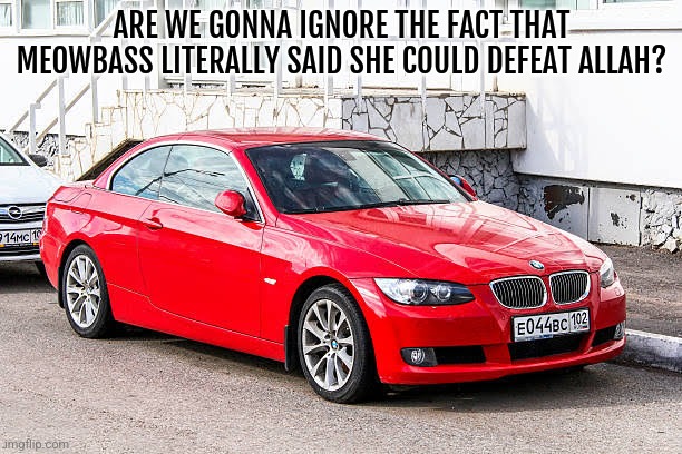 WHAT | ARE WE GONNA IGNORE THE FACT THAT MEOWBASS LITERALLY SAID SHE COULD DEFEAT ALLAH? | image tagged in bmw 3 series red | made w/ Imgflip meme maker