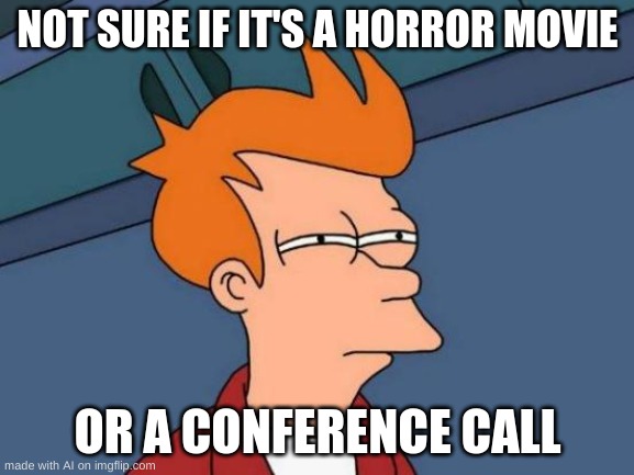 not sure if this is a... | NOT SURE IF IT'S A HORROR MOVIE; OR A CONFERENCE CALL | image tagged in memes,futurama fry | made w/ Imgflip meme maker