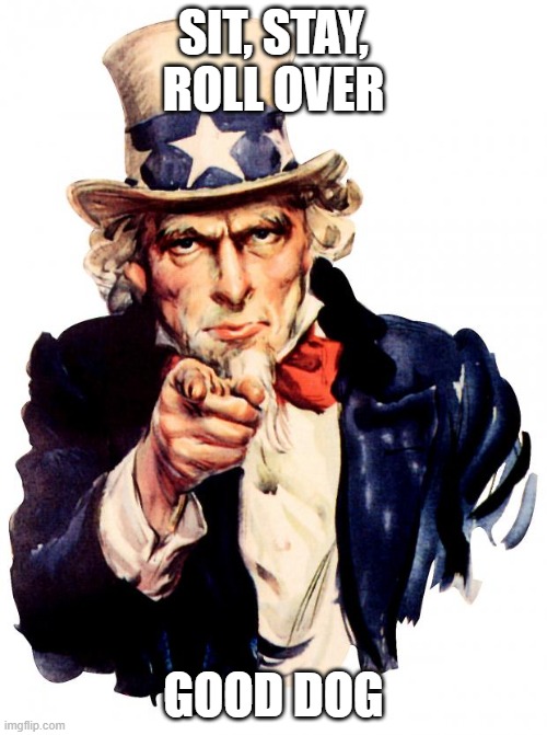 Uncle Sam | SIT, STAY, ROLL OVER; GOOD DOG | image tagged in memes,uncle sam | made w/ Imgflip meme maker