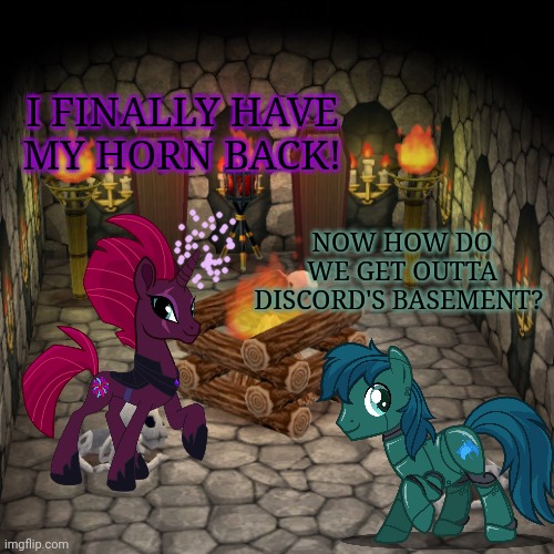 Rainbow factory basement | I FINALLY HAVE MY HORN BACK! NOW HOW DO WE GET OUTTA DISCORD'S BASEMENT? | image tagged in animal crossing basement,rainbow,factory,basement,mlp,fizzle pop | made w/ Imgflip meme maker