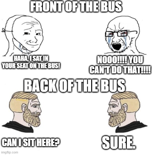 That do be how it is | FRONT OF THE BUS; HAHA, I SAT IN YOUR SEAT ON THE BUS! NOOO!!!! YOU CAN'T DO THAT!!!! BACK OF THE BUS; SURE. CAN I SIT HERE? | image tagged in chad we know,bus,school bus,comparison | made w/ Imgflip meme maker