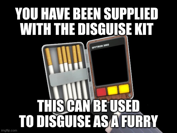 disguise kit | YOU HAVE BEEN SUPPLIED WITH THE DISGUISE KIT; THIS CAN BE USED TO DISGUISE AS A FURRY | image tagged in blank,anti furry | made w/ Imgflip meme maker