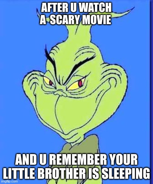 im bad | AFTER U WATCH A  SCARY MOVIE; AND U REMEMBER YOUR LITTLE BROTHER IS SLEEPING | image tagged in good grinch | made w/ Imgflip meme maker