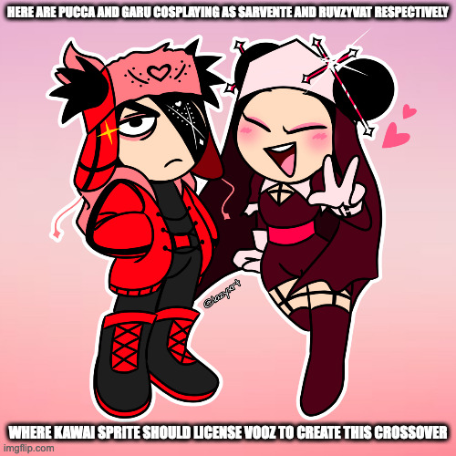 Pucca and Garu as Sarvente and Ruvzyvat | HERE ARE PUCCA AND GARU COSPLAYING AS SARVENTE AND RUVZYVAT RESPECTIVELY; WHERE KAWAI SPRITE SHOULD LICENSE VOOZ TO CREATE THIS CROSSOVER | image tagged in friday night funkin,sarvente,ruvzyvat,memes,pussa | made w/ Imgflip meme maker