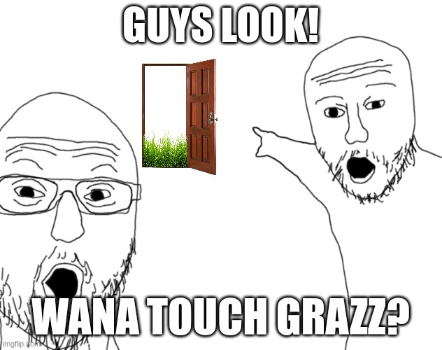 GRAZZ | GUYS LOOK! WANA TOUCH GRAZZ? | image tagged in soyjak pointing | made w/ Imgflip meme maker