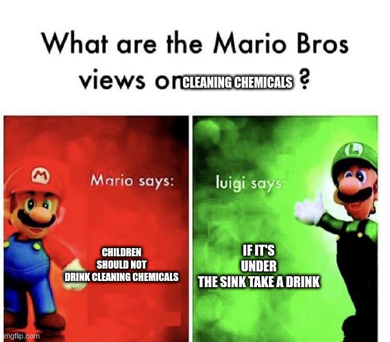 Mario Bros Views | CLEANING CHEMICALS; CHILDREN SHOULD NOT DRINK CLEANING CHEMICALS; IF IT'S UNDER THE SINK TAKE A DRINK | image tagged in mario bros views | made w/ Imgflip meme maker