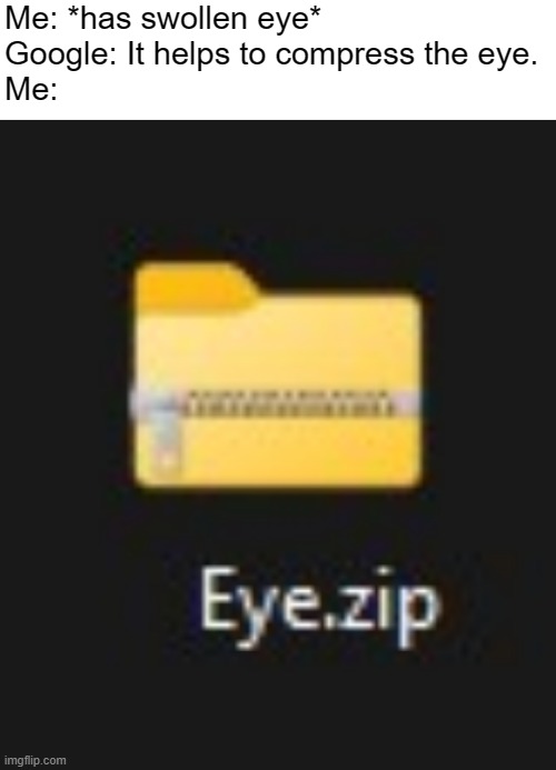 Eye.zip | Me: *has swollen eye*
Google: It helps to compress the eye.
Me: | image tagged in white header | made w/ Imgflip meme maker