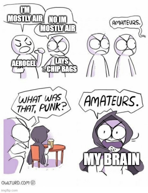 Mostly Air | I'M MOSTLY AIR; NO IM MOSTLY AIR; AEROGEL; LAYS CHIP BAGS; MY BRAIN | image tagged in amateurs | made w/ Imgflip meme maker