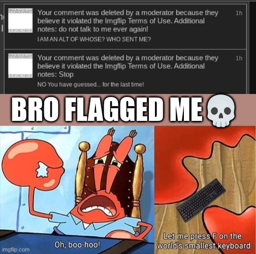 I will get you smurfhoney | BRO FLAGGED ME💀 | image tagged in mr krabs presses f on the world's smallest keyboard | made w/ Imgflip meme maker