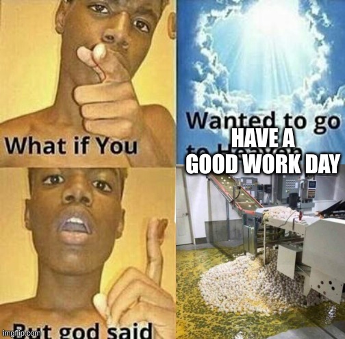 What is this job anyway? egg conveyer? | HAVE A GOOD WORK DAY | image tagged in what if you wanted to go to heaven | made w/ Imgflip meme maker