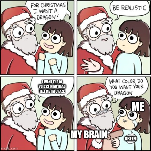 Please help :( | I WANT THE 10 VOICES IN MY HEAD TELL ME I’M CRAZY. ME; MY BRAIN; GREEN | image tagged in for christmas i want a dragon | made w/ Imgflip meme maker