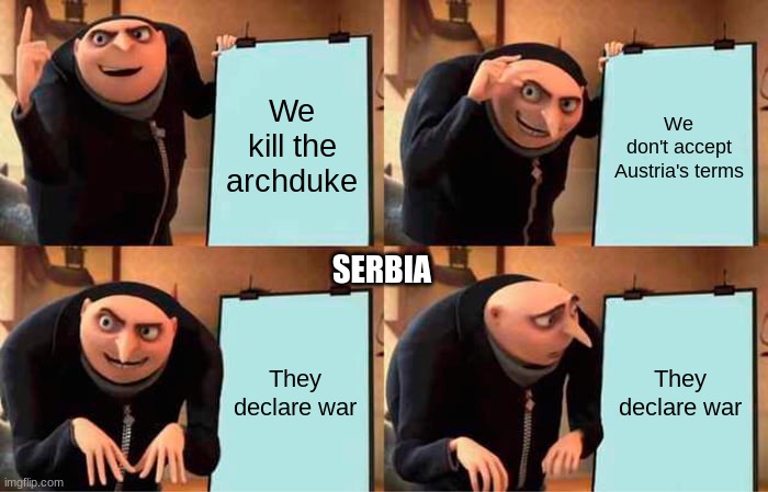 Gru's Plan | We kill the archduke; We don't accept Austria's terms; SERBIA; They declare war; They declare war | image tagged in memes,gru's plan | made w/ Imgflip meme maker