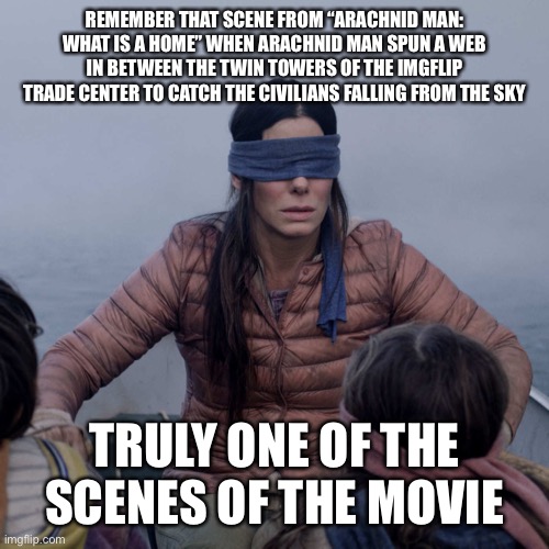 Bird Box | REMEMBER THAT SCENE FROM “ARACHNID MAN: WHAT IS A HOME” WHEN ARACHNID MAN SPUN A WEB IN BETWEEN THE TWIN TOWERS OF THE IMGFLIP TRADE CENTER TO CATCH THE CIVILIANS FALLING FROM THE SKY; TRULY ONE OF THE SCENES OF THE MOVIE | image tagged in memes,bird box | made w/ Imgflip meme maker