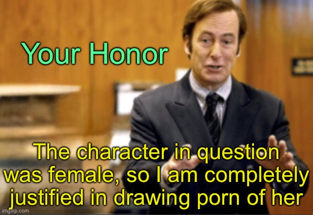 Saul Goodman defending | Your Honor; The character in question was female, so I am completely justified in drawing porn of her | image tagged in saul goodman defending | made w/ Imgflip meme maker