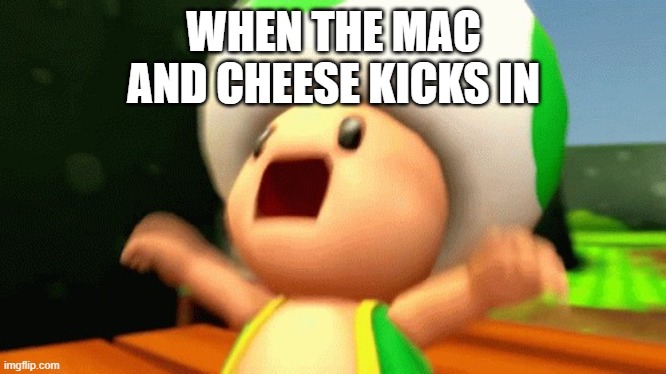 AHHHHHH | WHEN THE MAC AND CHEESE KICKS IN | image tagged in green toad screaming | made w/ Imgflip meme maker