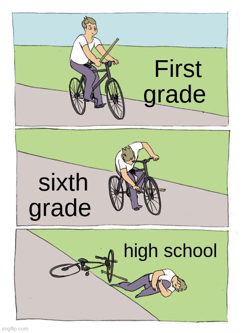 Bike Fall | First grade; sixth grade; high school | image tagged in memes,bike fall | made w/ Imgflip meme maker