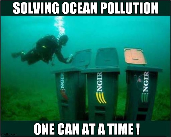Ecology In Action ! | SOLVING OCEAN POLLUTION; ONE CAN AT A TIME ! | image tagged in fun,diver,recycling | made w/ Imgflip meme maker