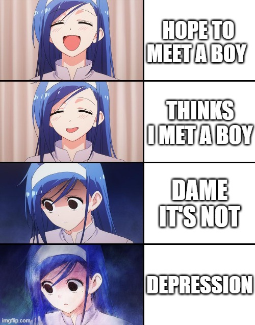 girls meting other girls thinking they are a boy | HOPE TO MEET A BOY; THINKS I MET A BOY; DAME IT'S NOT; DEPRESSION | image tagged in happiness to despair | made w/ Imgflip meme maker