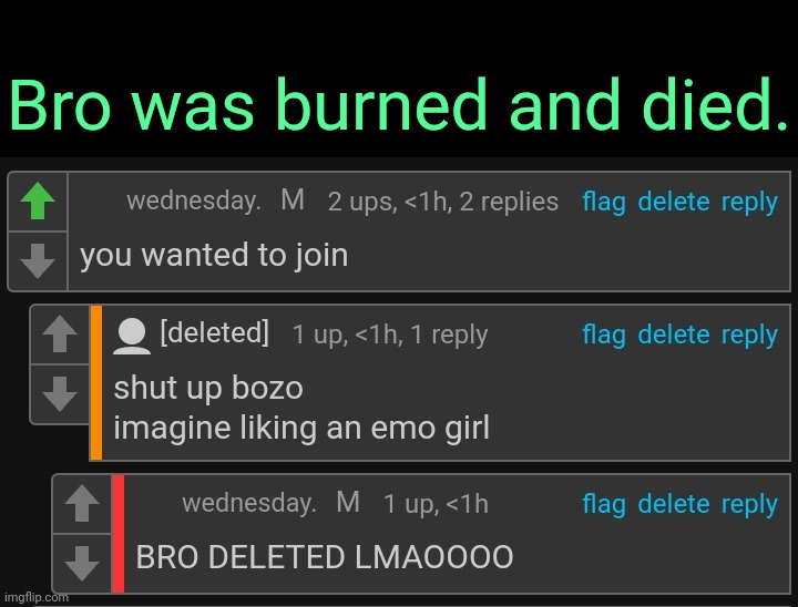 . | Bro was burned and died. | made w/ Imgflip meme maker