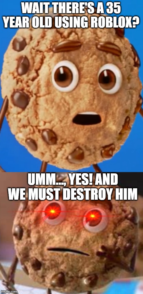 WAIT THERE'S A 35 YEAR OLD USING ROBLOX? UMM..., YES! AND WE MUST DESTROY HIM | image tagged in chips ahoy cookie,chip ahoy | made w/ Imgflip meme maker