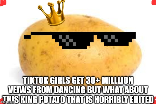 HELP ME GET ALOT OF VEIWS | TIKTOK GIRLS GET 30+ MILLLION VEIWS FROM DANCING BUT WHAT ABOUT THIS KING POTATO THAT IS HORRIBLY EDITED | image tagged in iceu,who_am_i,creatos,pochita | made w/ Imgflip meme maker
