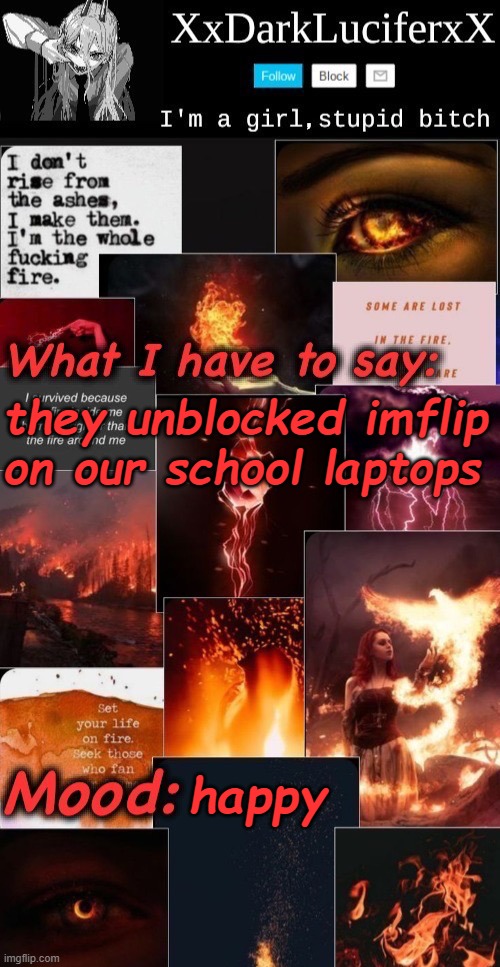 Imgflip*** | they unblocked imflip on our school laptops; happy | image tagged in dark lucifer announcement temp | made w/ Imgflip meme maker