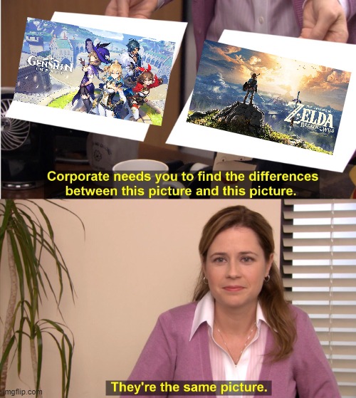 actually genshin impact copied zelda | image tagged in memes,they're the same picture,the legend of zelda breath of the wild,genshin impact | made w/ Imgflip meme maker