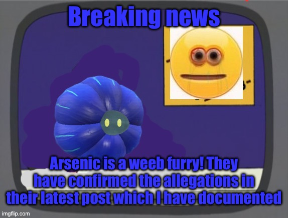 glimmora news thing temp | Breaking news; Arsenic is a weeb furry! They have confirmed the allegations in their latest post which I have documented | image tagged in glimmora news thing temp | made w/ Imgflip meme maker