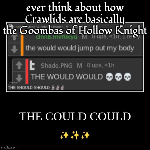 the could could | ever think about how Crawlids are basically the Goombas of Hollow Knight | image tagged in the could could | made w/ Imgflip meme maker