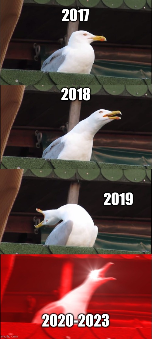 Inhaling Seagull | 2017; 2018; 2019; 2020-2023 | image tagged in memes,inhaling seagull | made w/ Imgflip meme maker