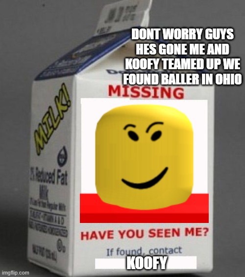 We are saved | DONT WORRY GUYS HES GONE ME AND KOOFY TEAMED UP WE FOUND BALLER IN OHIO; KOOFY | image tagged in milk carton | made w/ Imgflip meme maker