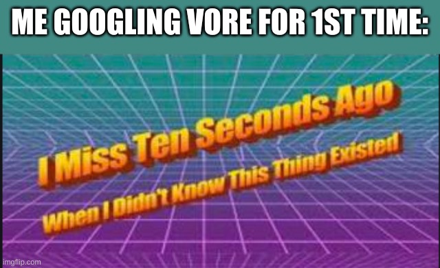 Why is this existing? | ME GOOGLING VORE FOR 1ST TIME: | image tagged in i miss ten seconds ago when i didn't know this thing existed | made w/ Imgflip meme maker