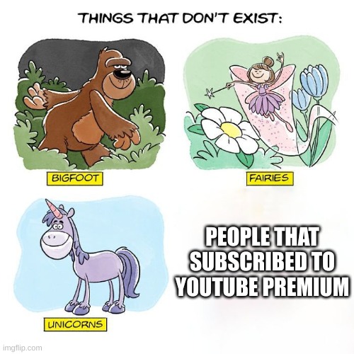Things That Don't Exist | PEOPLE THAT SUBSCRIBED TO YOUTUBE PREMIUM | image tagged in things that don't exist | made w/ Imgflip meme maker